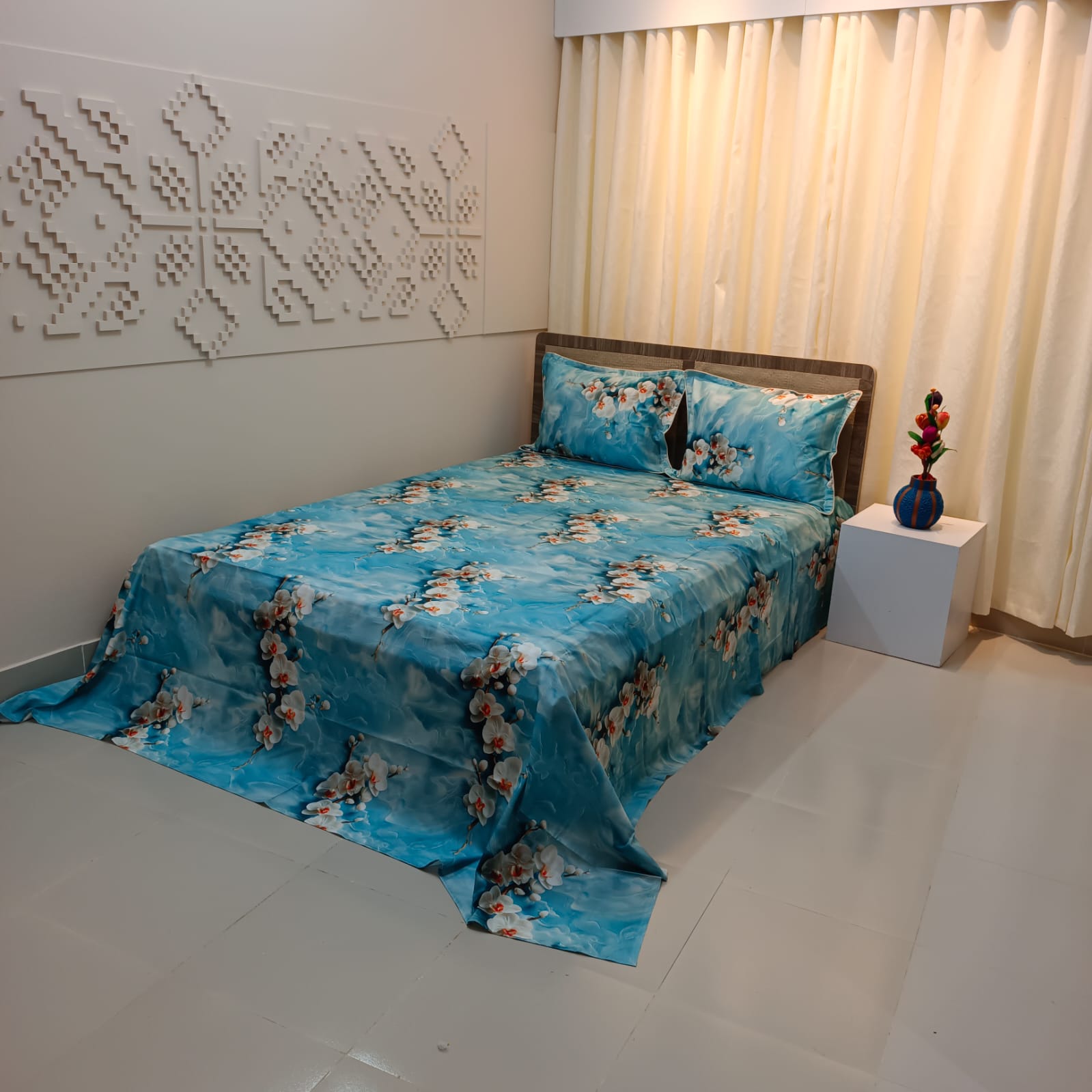 Super King Size High Quality 3D Design Satin Cotton Bed Sheet – 3 Pecs Set – Z Bell