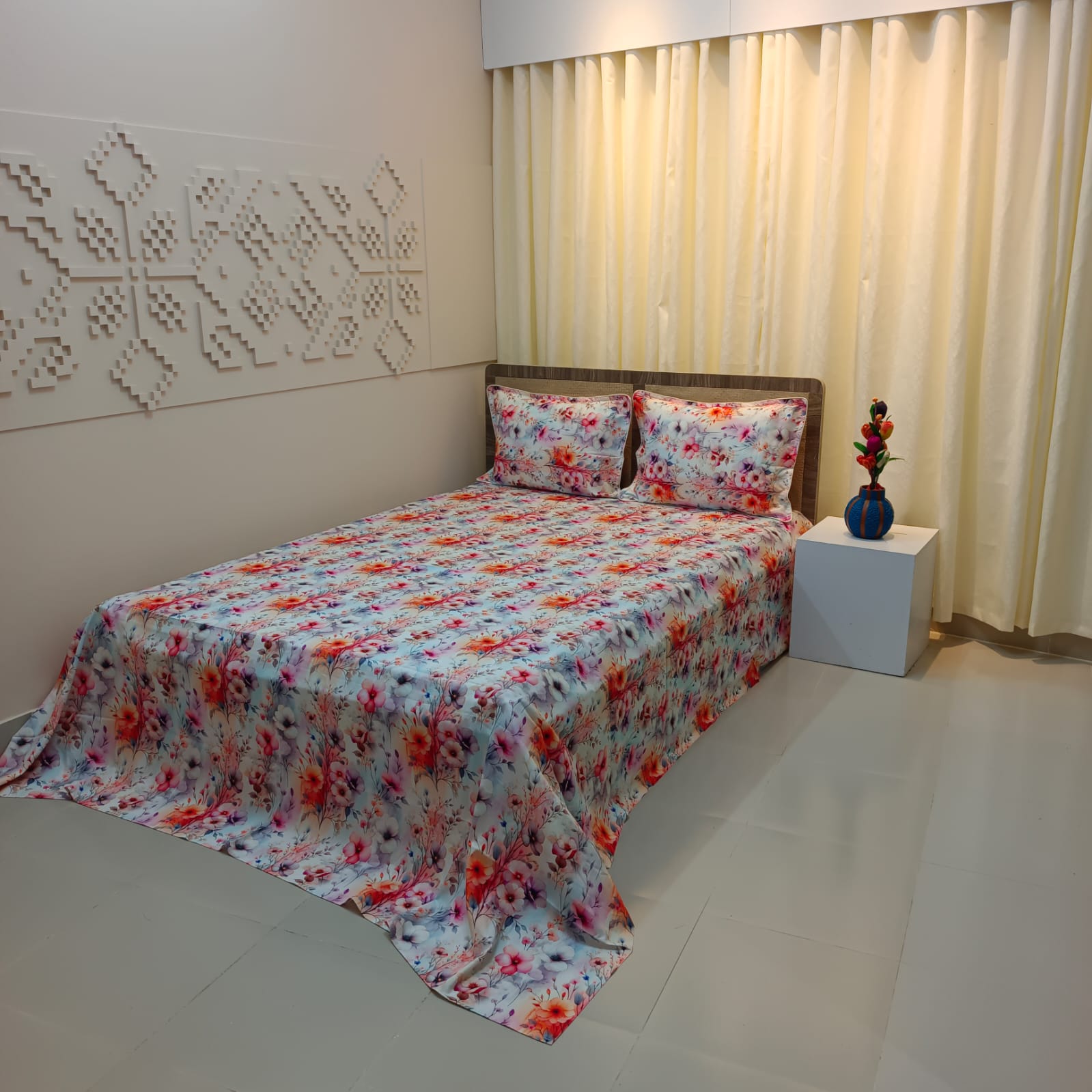 Super King Size High Quality 3D Design Satin Cotton Bed Sheet – 3 Pecs Set – Orchid