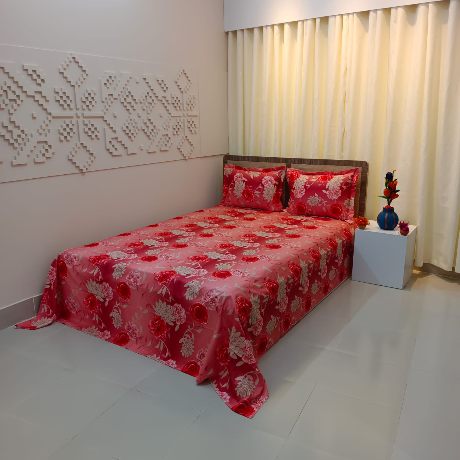 Luxury Twill Cotton Ortha Bedsheet – King Size – 3Pecs – Happy Pink Rose