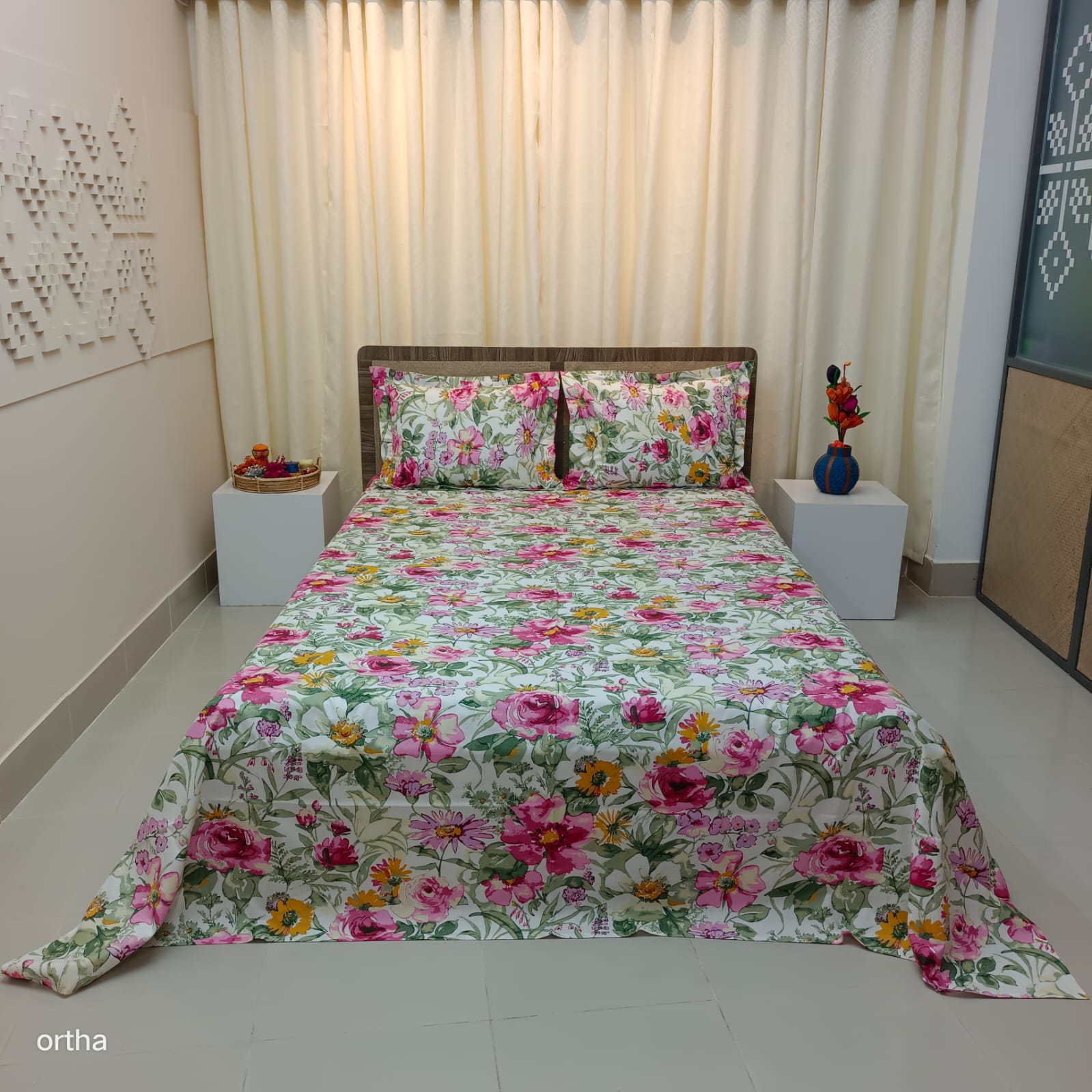ORTHA EXCLUSIVE COTTON KING SIZE BEDSHEET – 3 PECS SET – FOREST ROSE