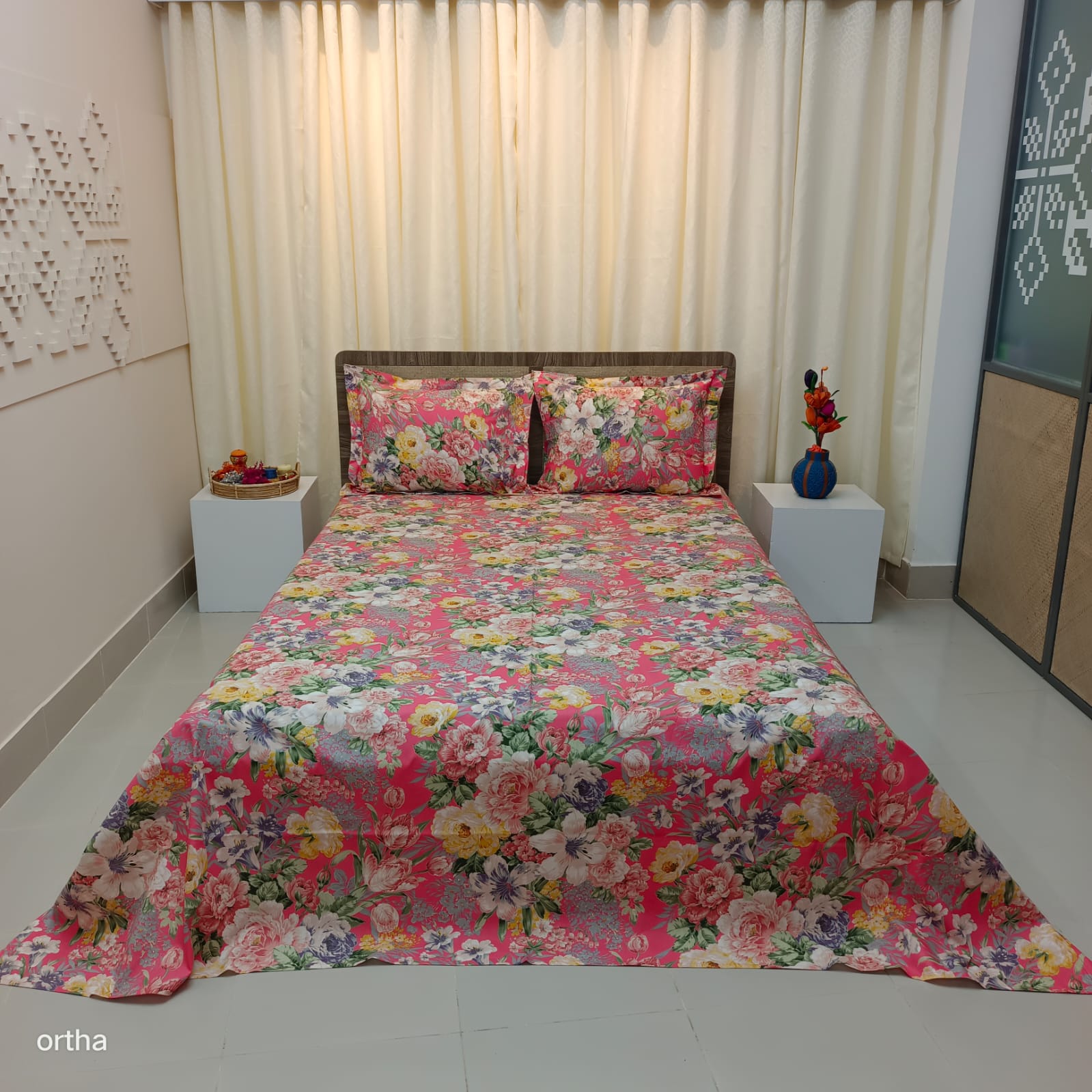 ORTHA EXCLUSIVE COTTON KING SIZE BEDSHEET – 3 PECS SET – HAPPY FOREST PINK