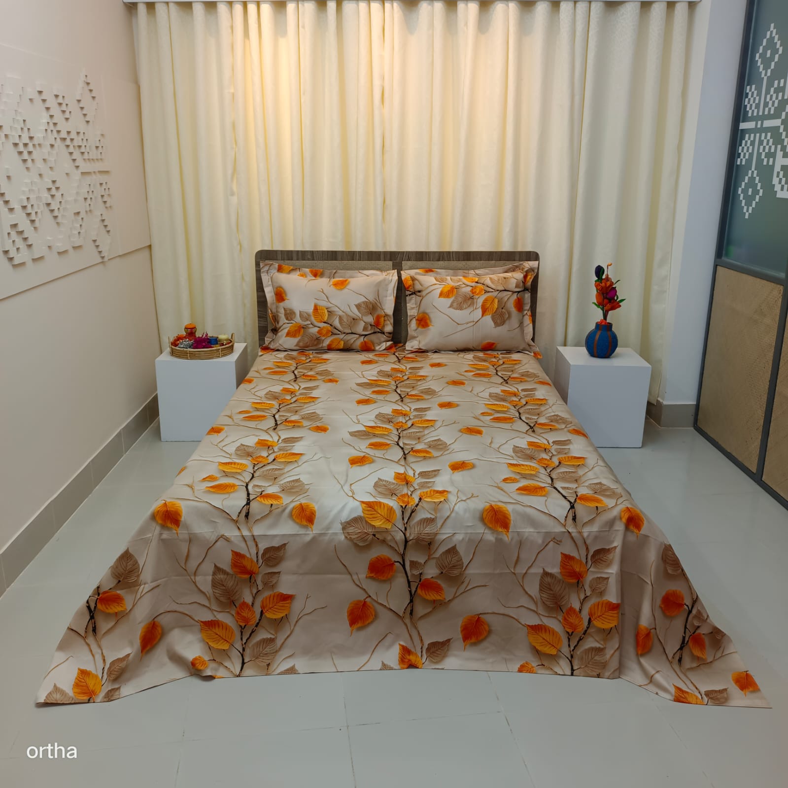 30/30 Count Luxury Exclusive Ortha Bedsheet – King Size – 3 Pecs Set – Hazel leaf
