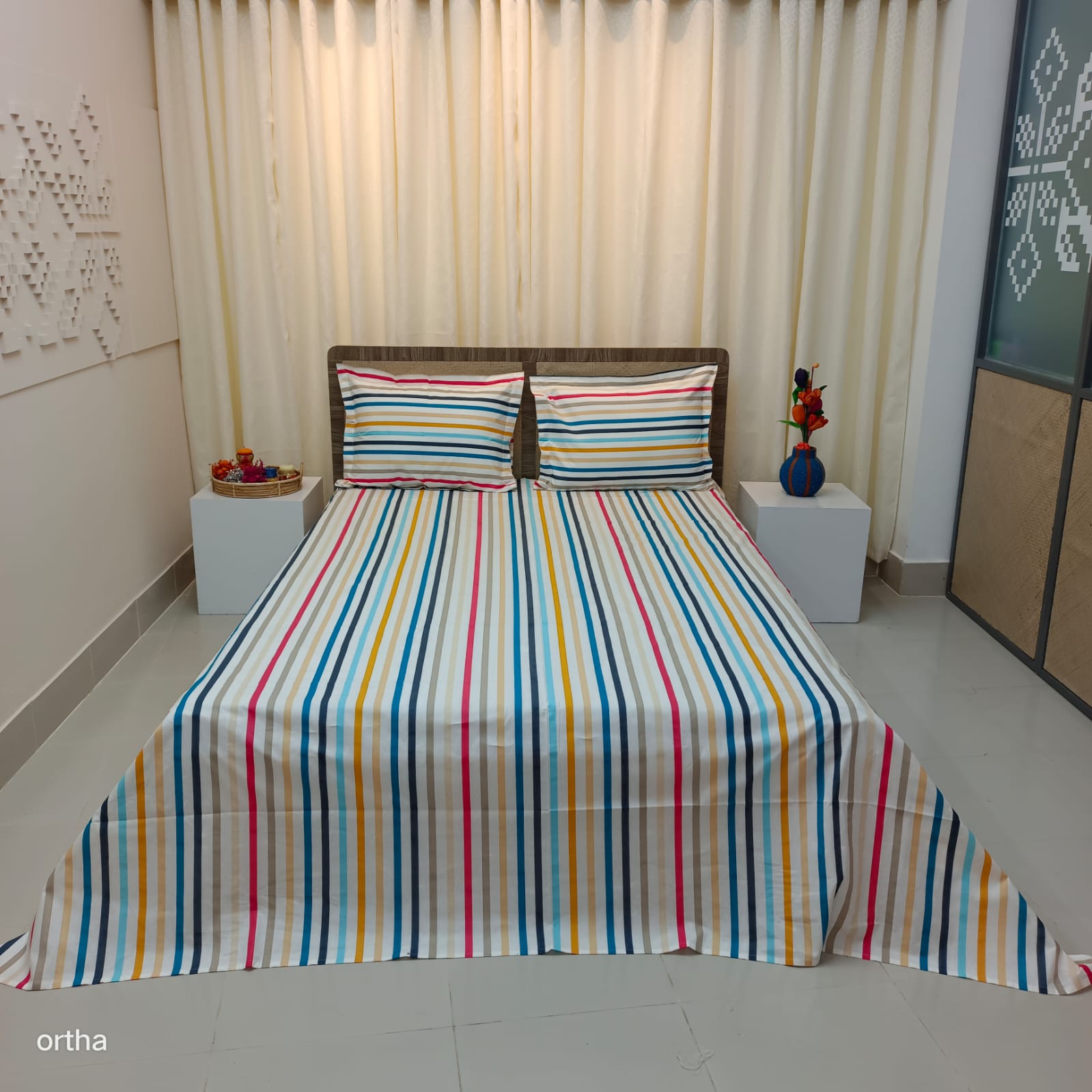 ORTHA EXCLUSIVE COTTON KING SIZE BEDSHEET – 3 PECS SET – WHITE STRIP