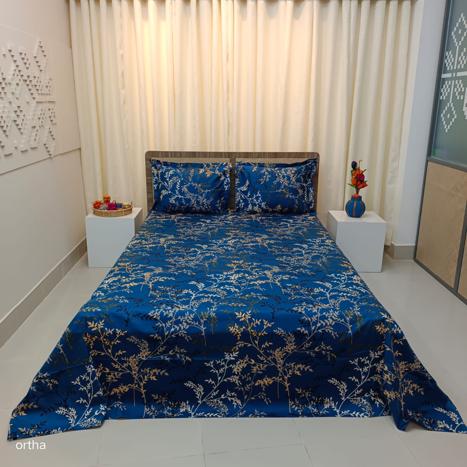 30/30 Count Luxury Exclusive Ortha Bedsheet – King Size – 3 Pecs Set – Blue Lota