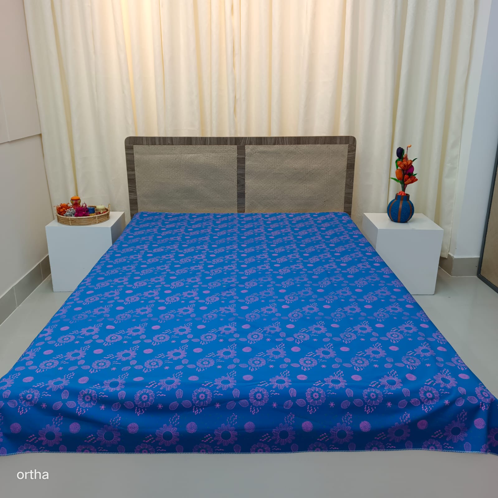 Ortha King Size Waterproof Bedsheet – Without Head Pillow Cover – Sky Flora