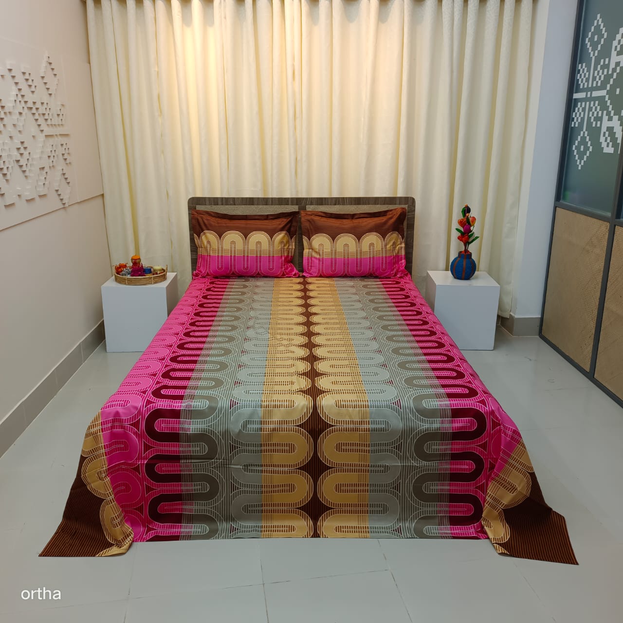 Luxury Twill Cotton Ortha Bedsheet – King Size – 3Pecs – U Loop Brown