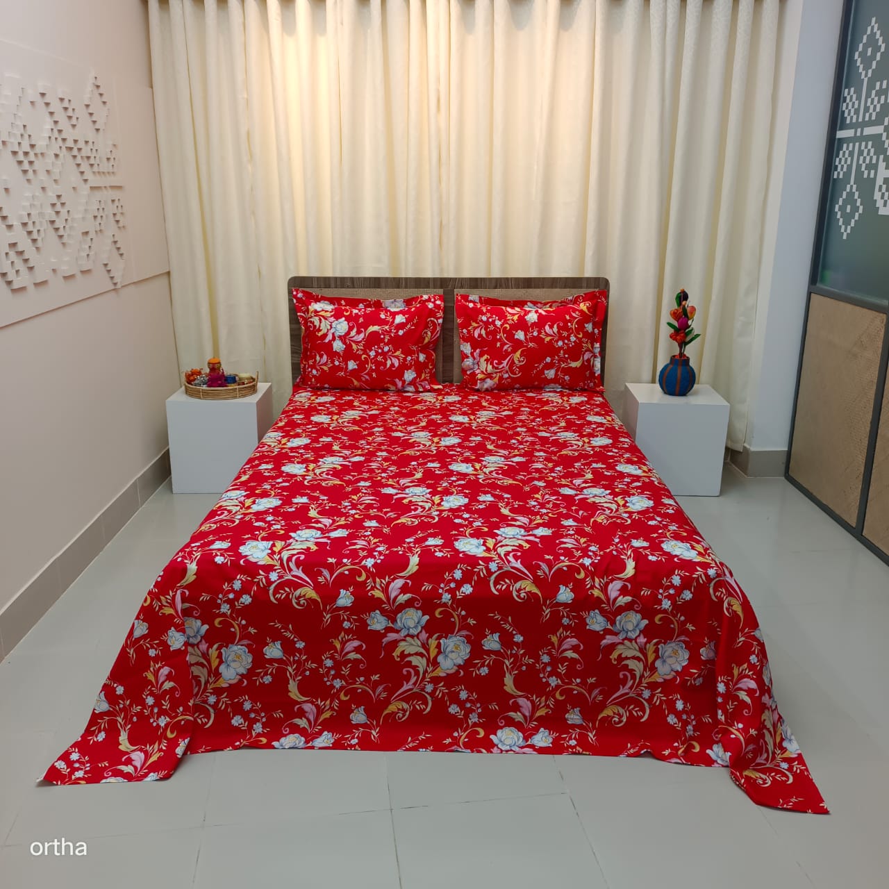 Luxury Twill Cotton Ortha Bedsheet – King Size – 3Pecs –  Red Royel