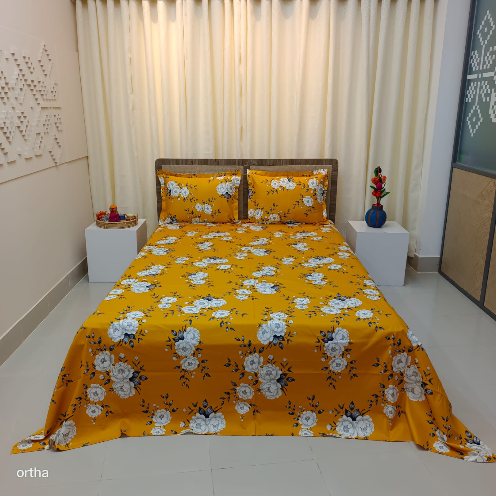 Luxury Twill Cotton Ortha Bedsheet – King Size – 3Pecs – Flora Mustered