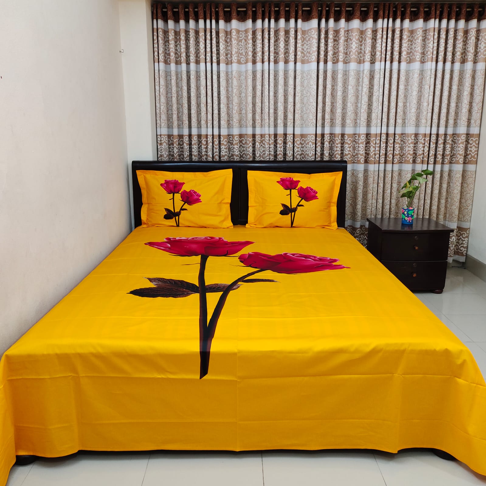 HD Printed Premium Panel Ortha Luxury Bedsheet – 3 Pecs (Yellow Rose)