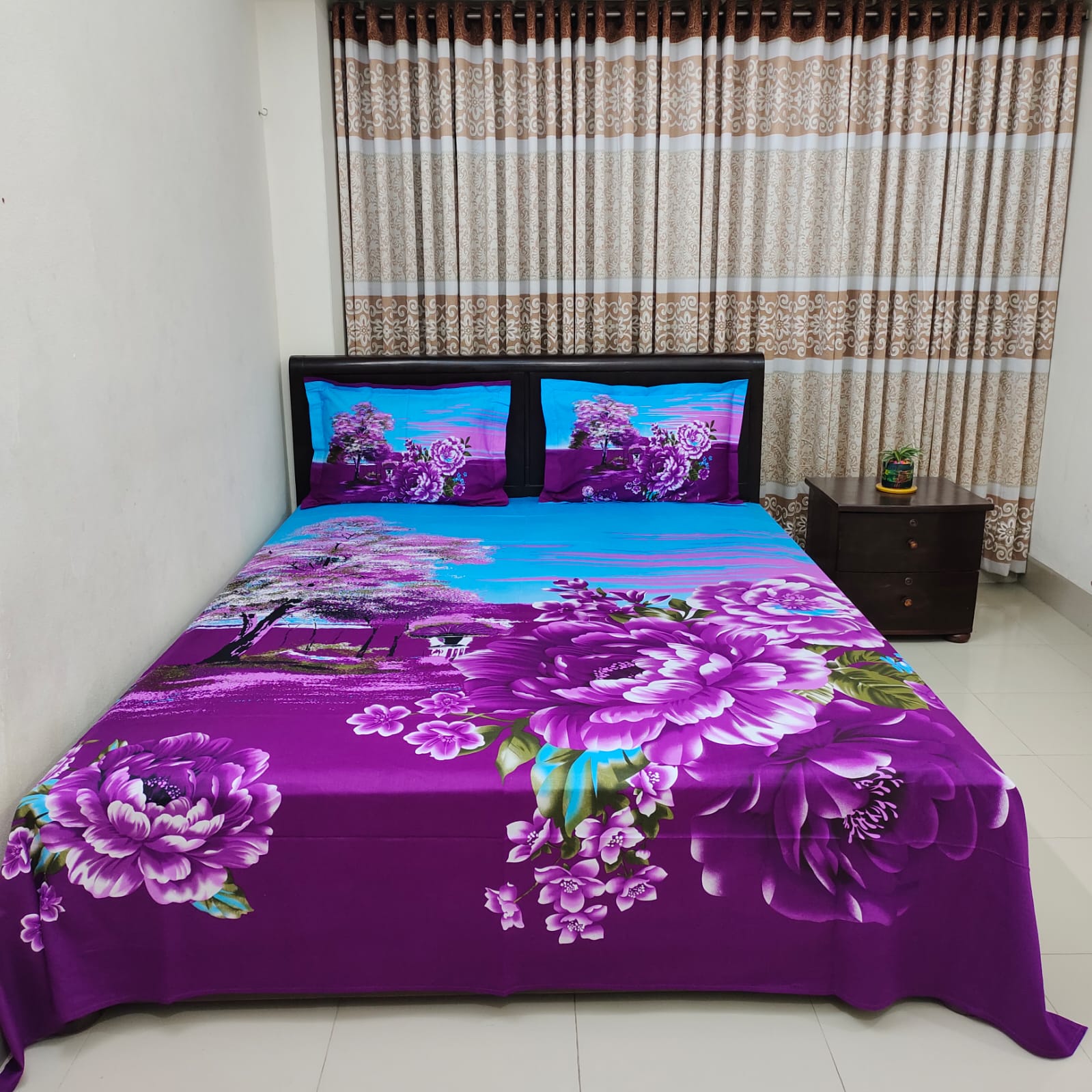 HD Printed Premium Panel Ortha Luxury Bedsheet – 3 Pecs (Purple Scenery)
