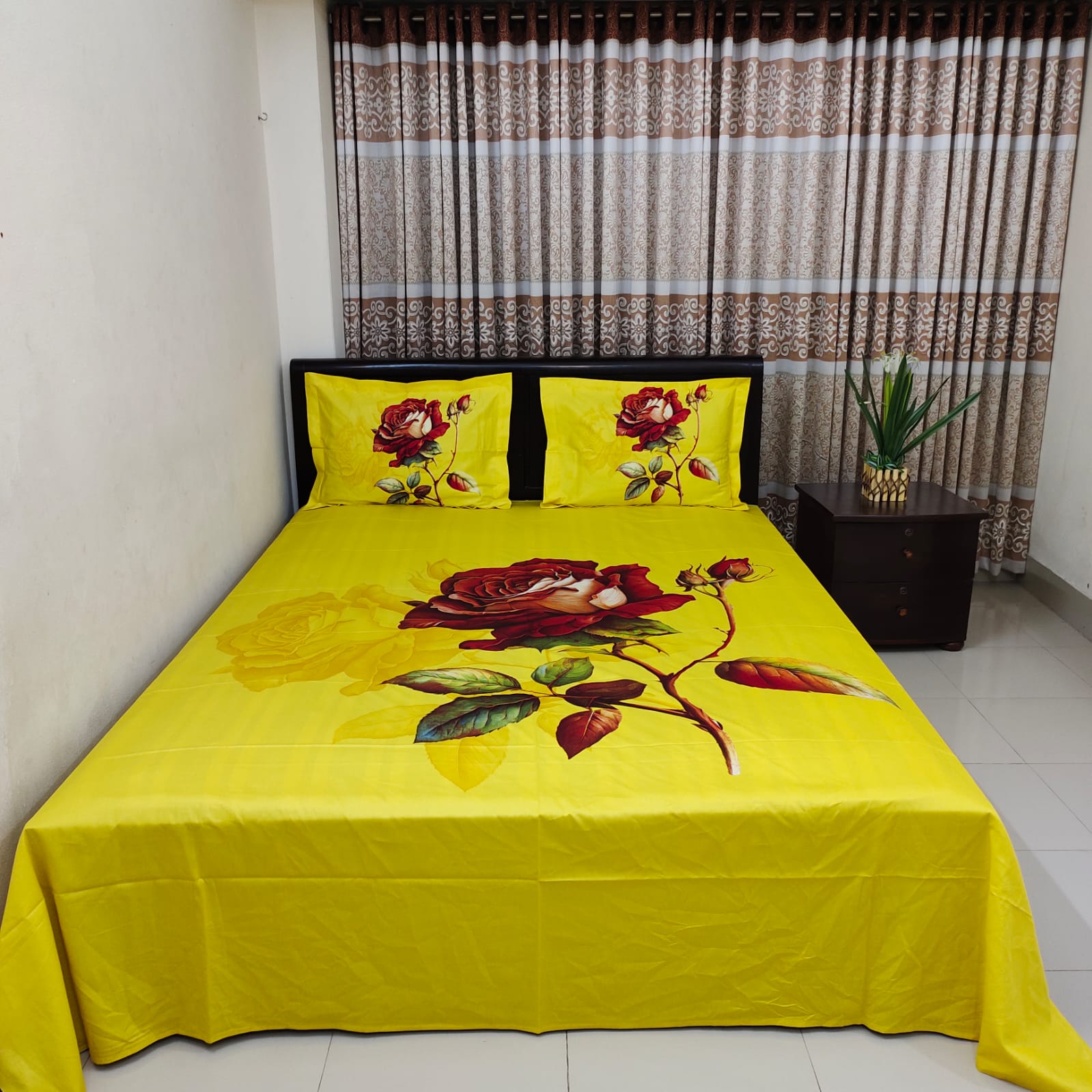 HD Printed Premium Panel Ortha Luxury Bedsheet – 3 Pecs (King Rose Yellow)