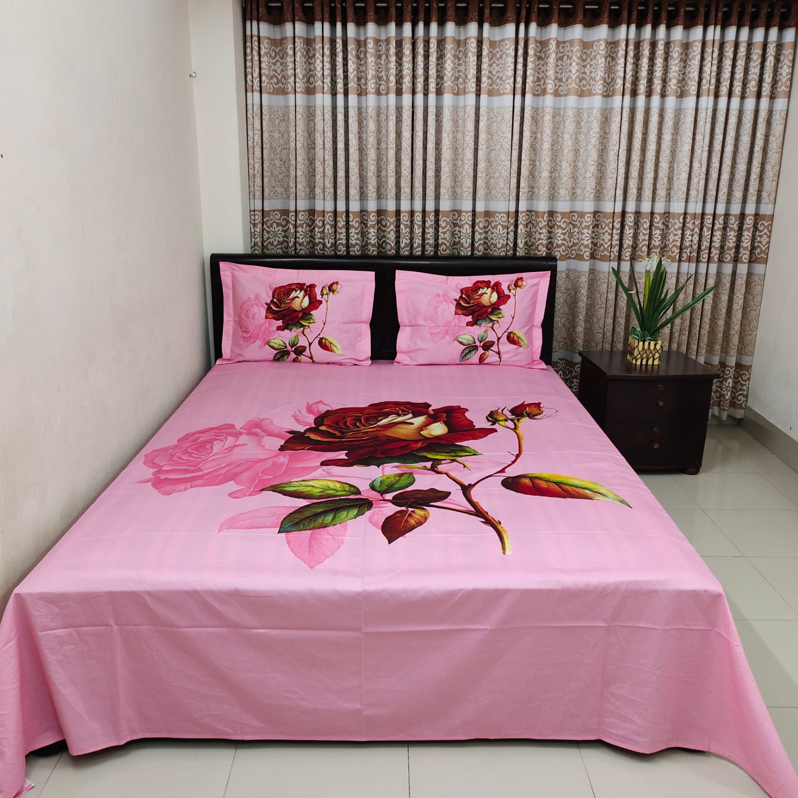 HD Printed Premium Panel Ortha Luxury Bedsheet – 3 Pecs (King Rose Pink)
