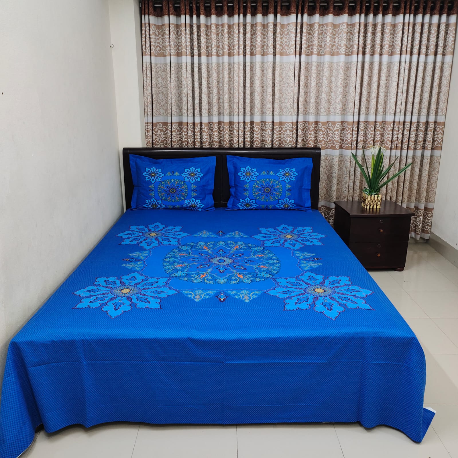 HD Printed Premium Panel Ortha Luxury Bedsheet – 3 Pecs (Nokshi Blue)