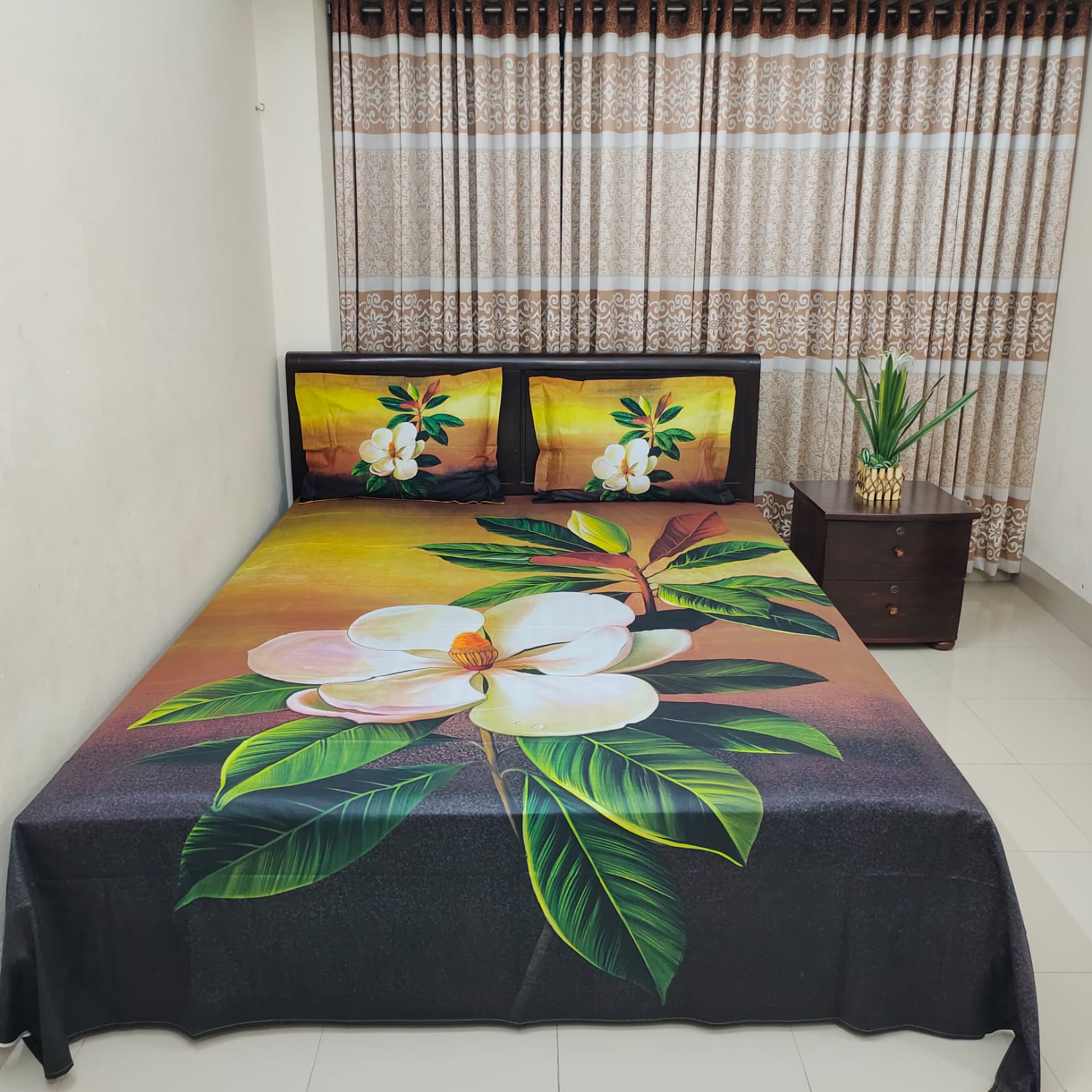 HD Printed Premium Panel Ortha Luxury Bedsheet – 3 Pecs (Khat Golap)