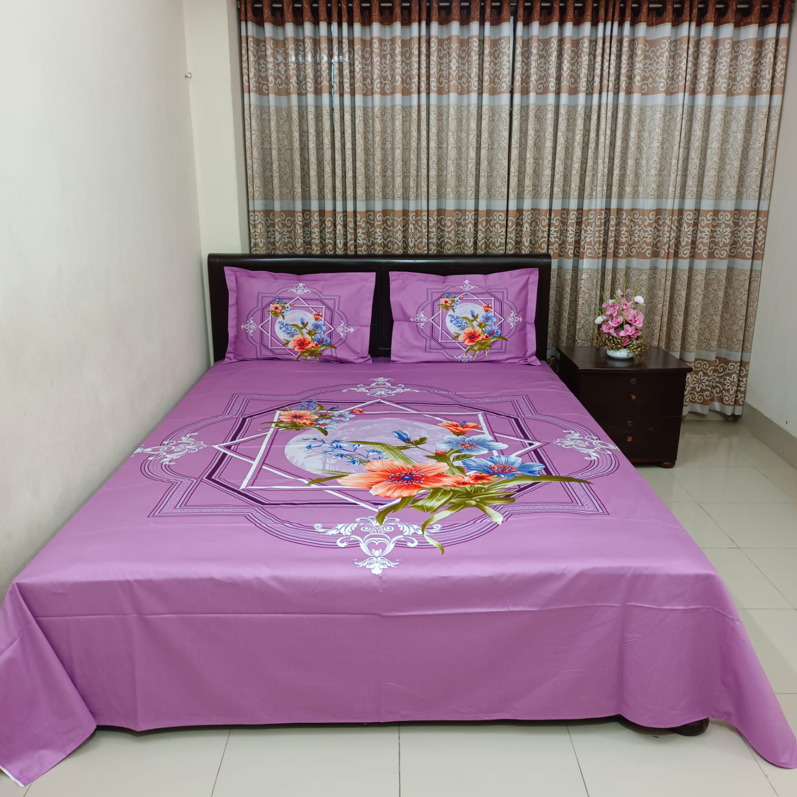 HD Printed Premium Panel Ortha Luxury Bedsheet – 3 Pecs (Quality Improved)