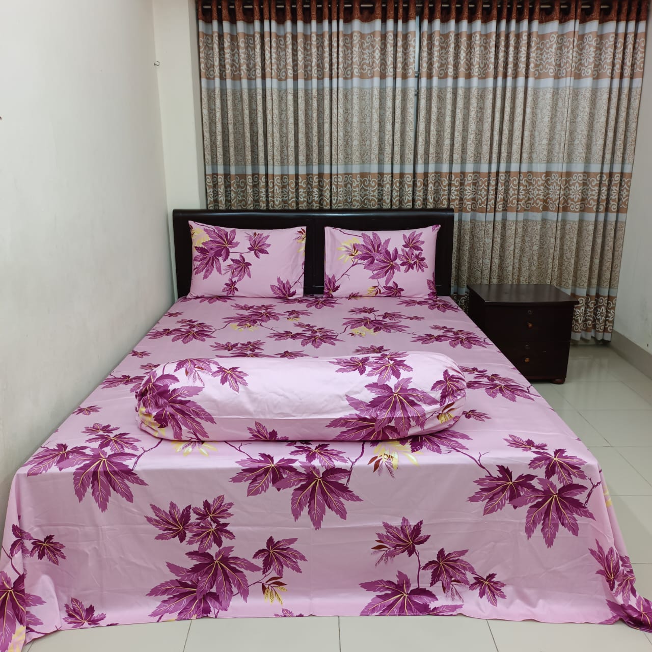 30/30 Count Luxury Exclusive Ortha Bedsheet – King Size – 4 Pecs Set – Pink Leaf