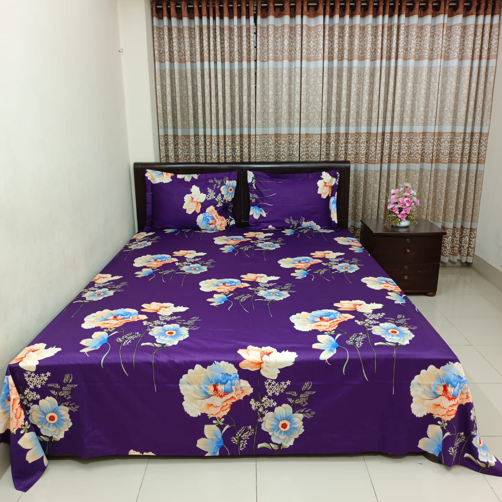 Luxury Twill Cotton Ortha Bedsheet – King Size – Purple Flora