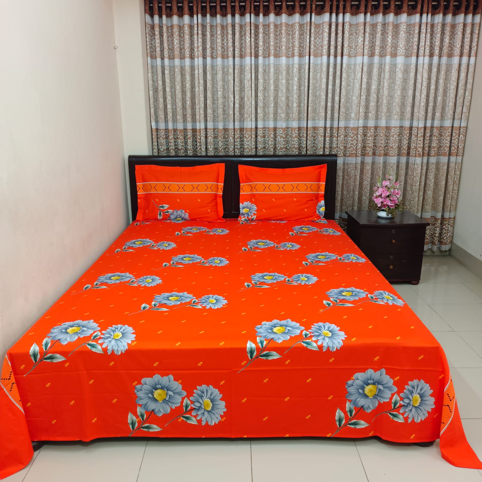 Luxury Twill Cotton Ortha Bedsheet – King Size – 3Pecs – Happy Orange