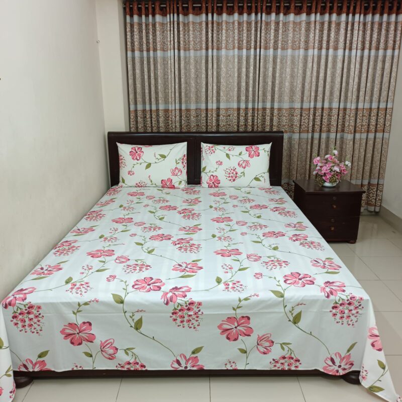 ORTHA EXPORT COTTON KING SIZE DOUBLE BEDSHEET – 3 PECS SET – PINK FLORA