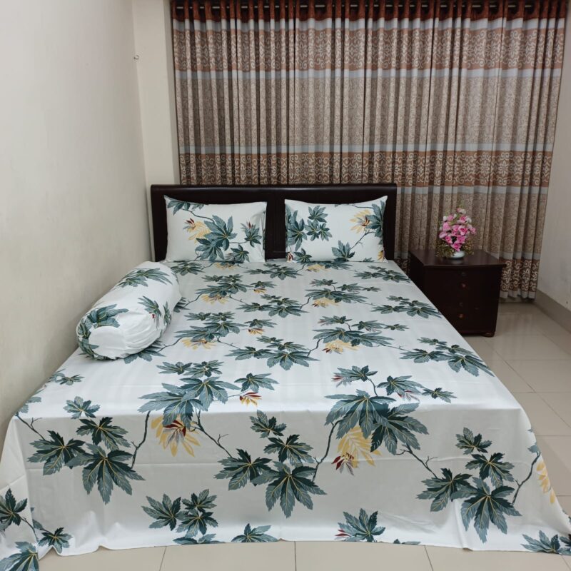 30/30 Count Luxury Exclusive Ortha Bedsheet – King Size – 3 Pecs Set – White Leaf - Image 5