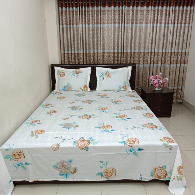 30/30 Count Luxury Exclusive Ortha Bedsheet – King Size – 3 Pecs Set - White Snow Rose