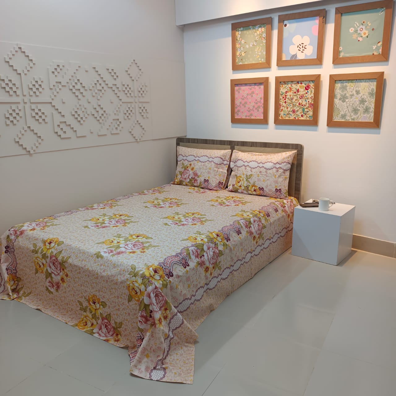 ORTHA EXPORT COTTON KING SIZE DOUBLE BEDSHEET – 3 PECS SET – LEMON ROSE