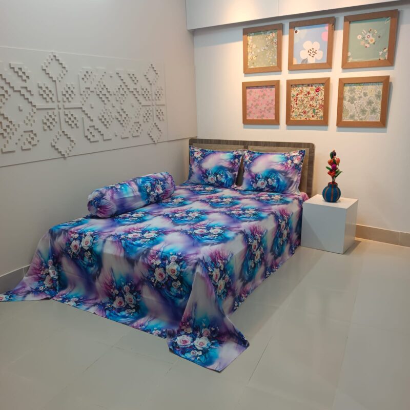 Super King Size High Quality 3D Design Satin Cotton Bed Sheet - 3 Pecs Set - Aurora Rose - Image 7