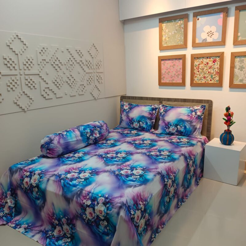 Super King Size High Quality 3D Design Satin Cotton Bed Sheet - 3 Pecs Set - Aurora Rose - Image 2