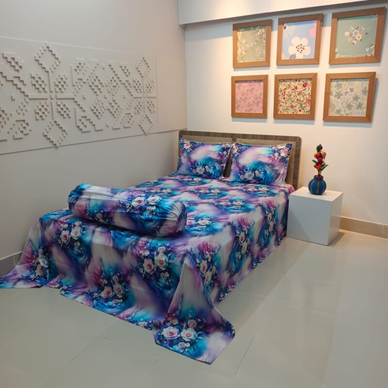 Super King Size High Quality 3D Design Satin Cotton Bed Sheet - 3 Pecs Set - Aurora Rose - Image 3