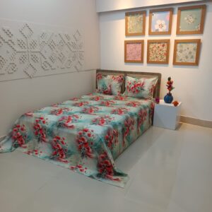 Super King Size High Quality 3D Design Satin Cotton Bed Sheet – 3 Pecs Set – Daisy Red