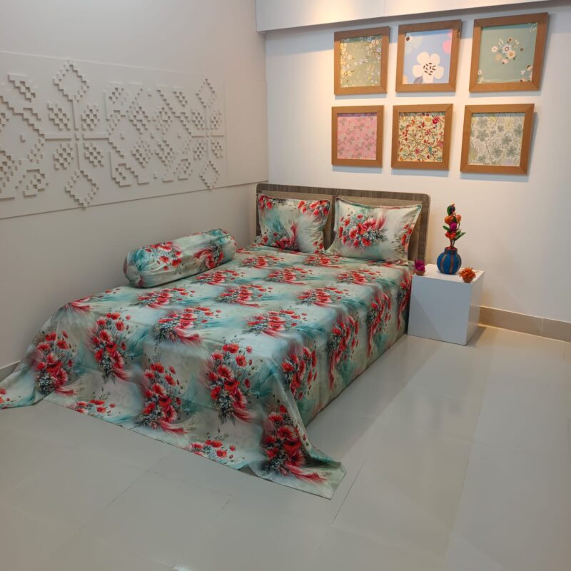 Super King Size High Quality 3D Design Satin Cotton Bed Sheet – 3 Pecs Set – Daisy Red - Image 2