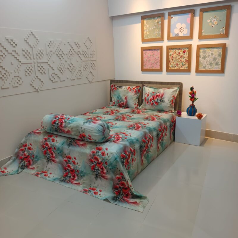 Super King Size High Quality 3D Design Satin Cotton Bed Sheet – 3 Pecs Set – Daisy Red - Image 3