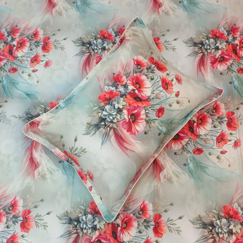 Super King Size High Quality 3D Design Satin Cotton Bed Sheet – 3 Pecs Set – Daisy Red - Image 5
