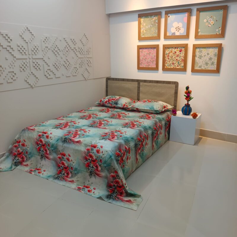 Super King Size High Quality 3D Design Satin Cotton Bed Sheet – 3 Pecs Set – Daisy Red - Image 7