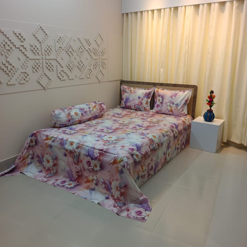 Super King Size High Quality 3D Design Satin Cotton Bed Sheet – 3 Pecs Set – Champa - Image 2