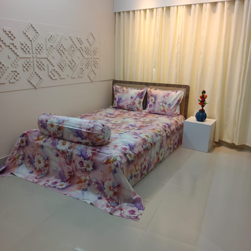 Super King Size High Quality 3D Design Satin Cotton Bed Sheet – 3 Pecs Set – Champa - Image 3