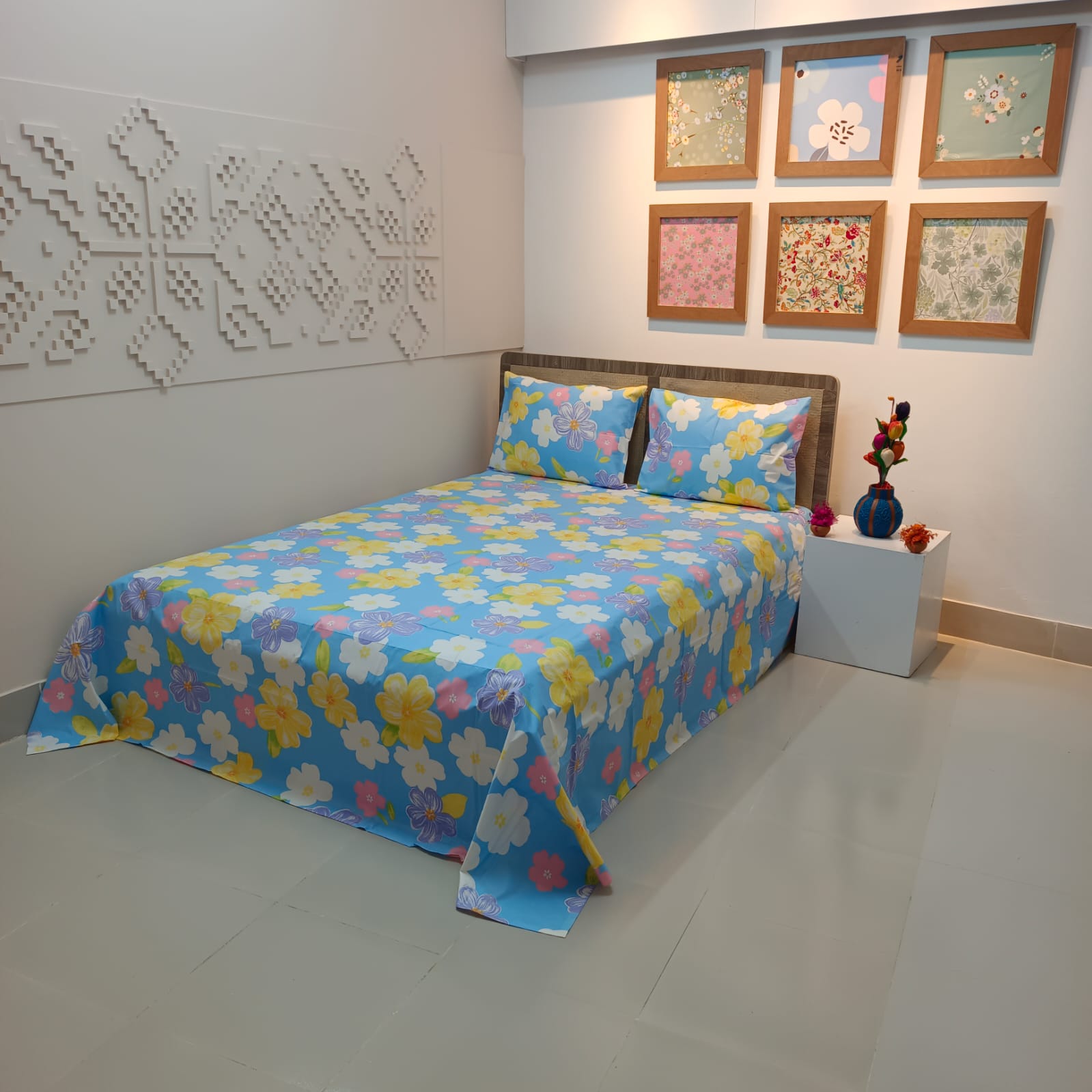 ORTHA EXPORT COTTON KING SIZE DOUBLE BEDSHEET – 3 PECS SET – SKY FLORA