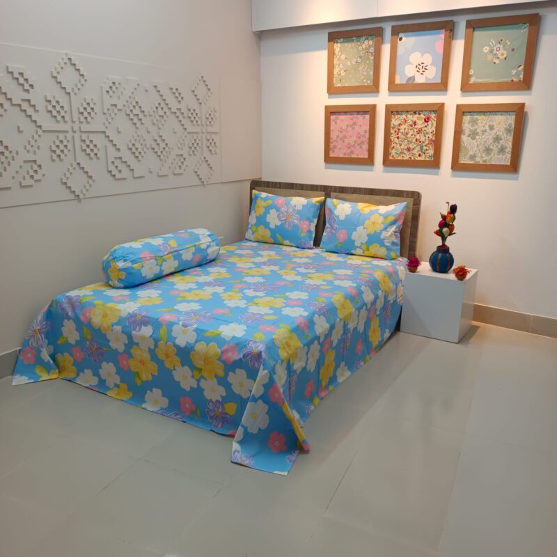 ORTHA EXPORT COTTON KING SIZE DOUBLE BEDSHEET – 3 PECS SET – SKY FLORA - Image 4