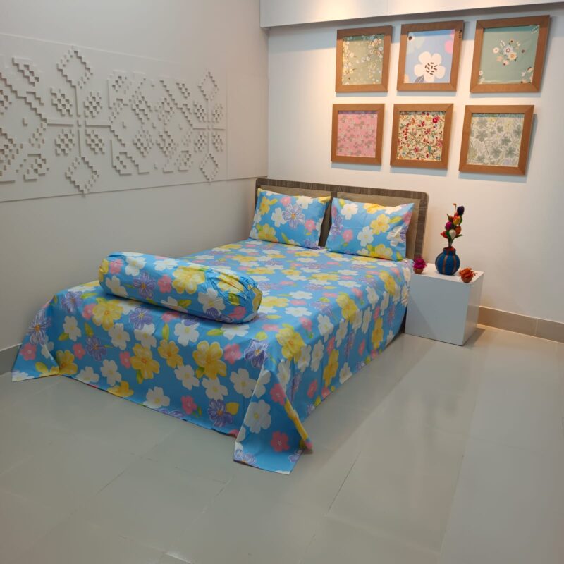 ORTHA EXPORT COTTON KING SIZE DOUBLE BEDSHEET – 3 PECS SET – SKY FLORA - Image 5