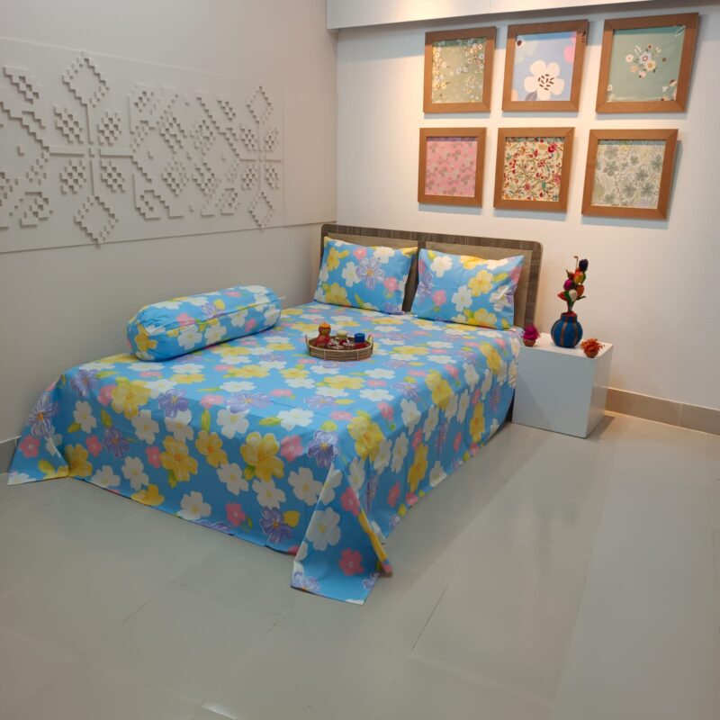 ORTHA EXPORT COTTON KING SIZE DOUBLE BEDSHEET – 3 PECS SET – SKY FLORA - Image 6