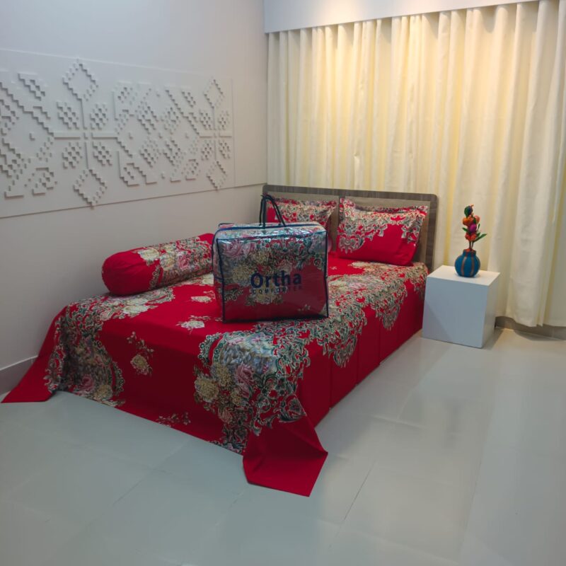 5 Pecs Ortha Luxury Couple Comforter Set (Flora Red Candy) - Image 4