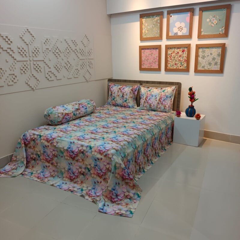 Super King Size High Quality 3D Design Satin Cotton Bed Sheet – 3 Pecs Set – Azalea - Image 2