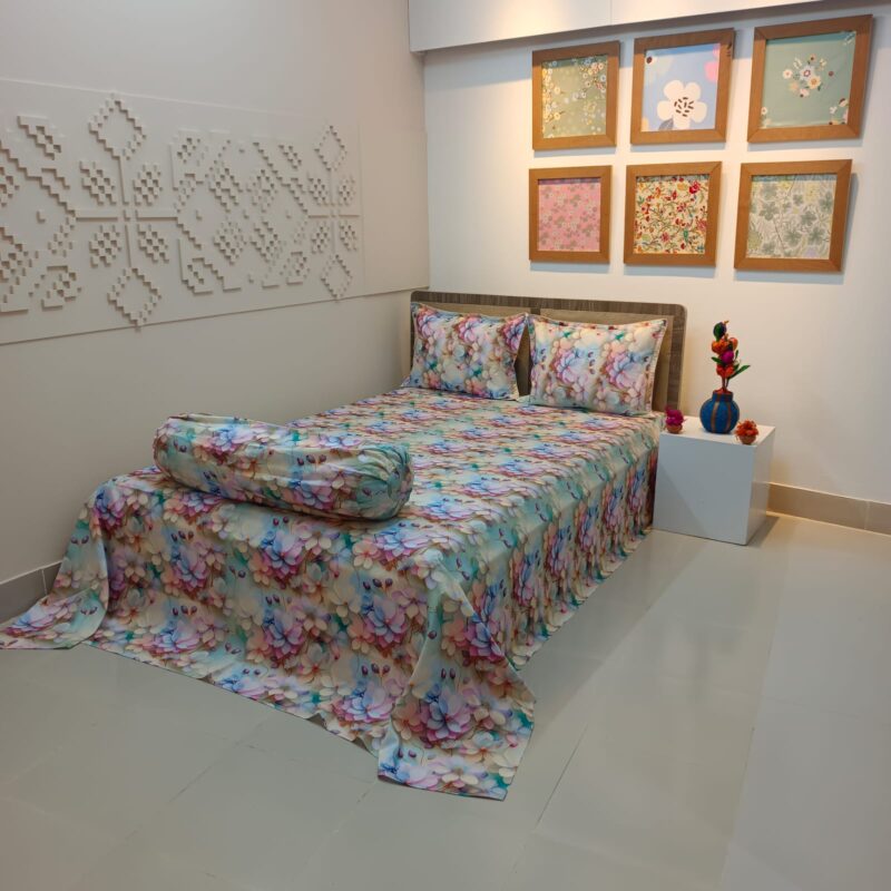 Super King Size High Quality 3D Design Satin Cotton Bed Sheet – 3 Pecs Set – Azalea - Image 3
