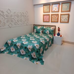 Super King Size High Quality 3D Design Satin Cotton Bed Sheet – 3 Pecs Set – Flora Sea Green