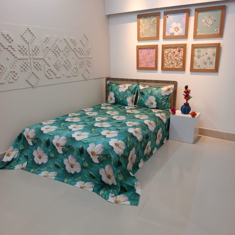 Super King Size High Quality 3D Design Satin Cotton Bed Sheet – 3 Pecs Set – Flora Sea Green