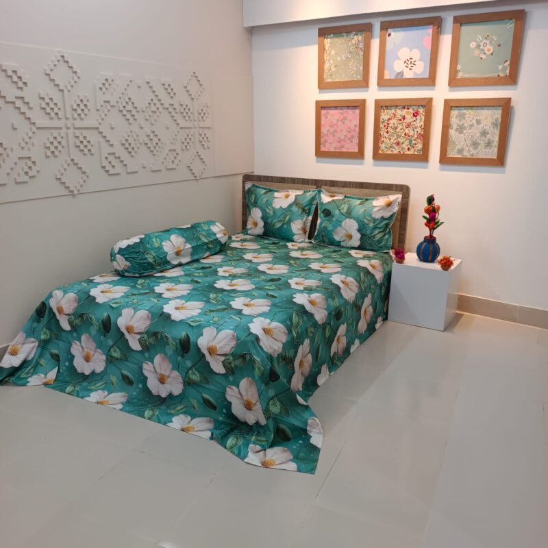 Super King Size High Quality 3D Design Satin Cotton Bed Sheet – 3 Pecs Set – Flora Sea Green - Image 2