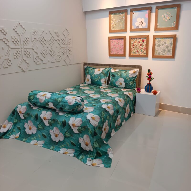 Super King Size High Quality 3D Design Satin Cotton Bed Sheet – 3 Pecs Set – Flora Sea Green - Image 3