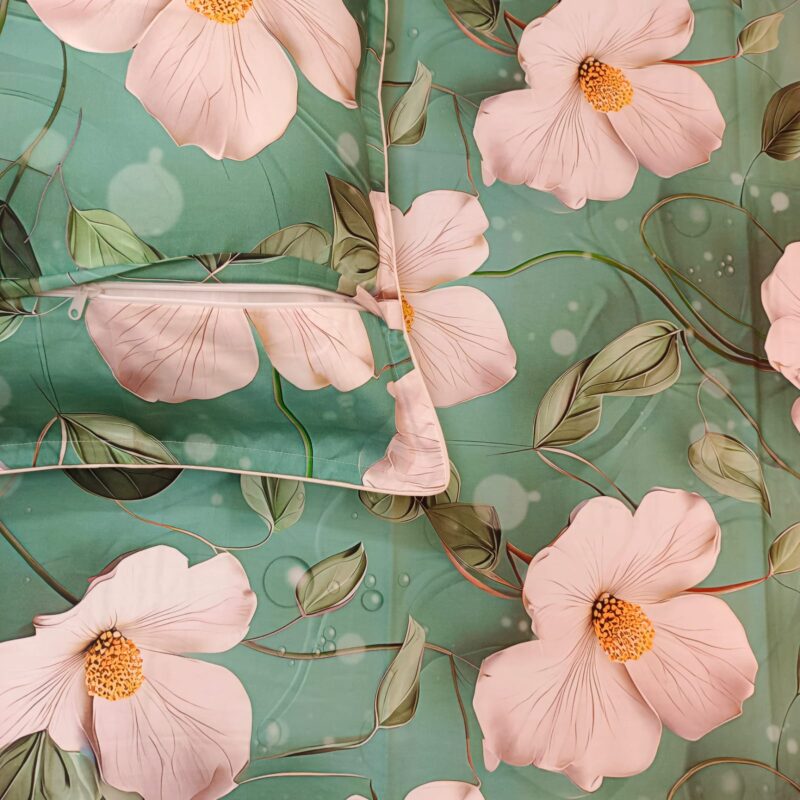 Super King Size High Quality 3D Design Satin Cotton Bed Sheet – 3 Pecs Set – Flora Sea Green - Image 4