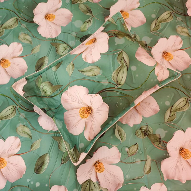 Super King Size High Quality 3D Design Satin Cotton Bed Sheet – 3 Pecs Set – Flora Sea Green - Image 5