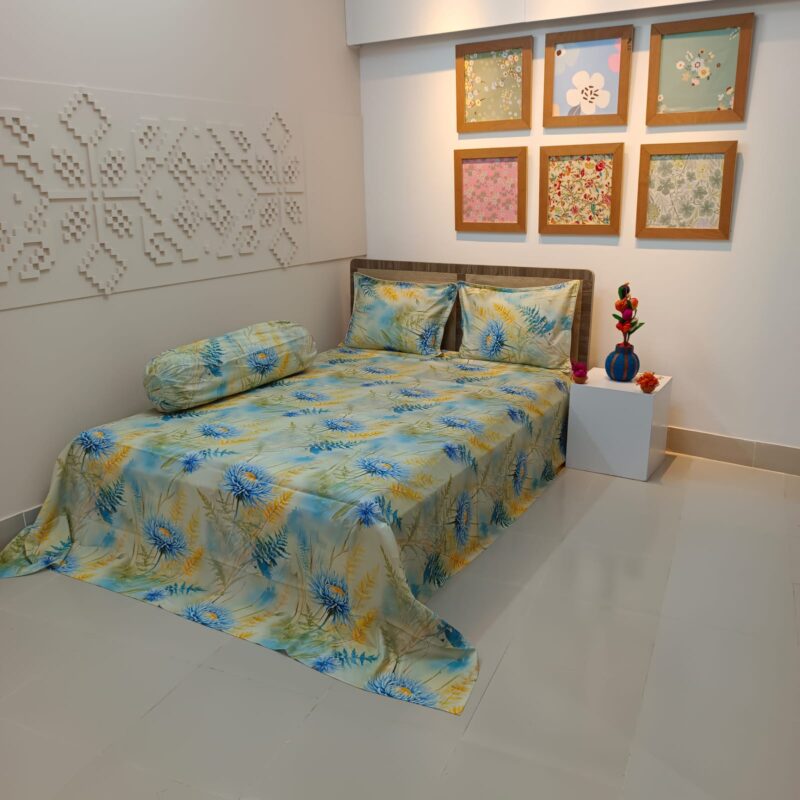 Super King Size High Quality 3D Design Satin Cotton Bed Sheet – 3 Pecs Set – Lime Aster - Image 2